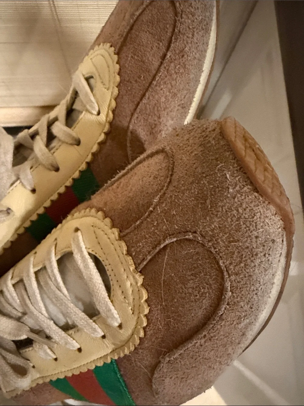 Gucci Brown Suede Women's Sneakers with Green & Red Stripe